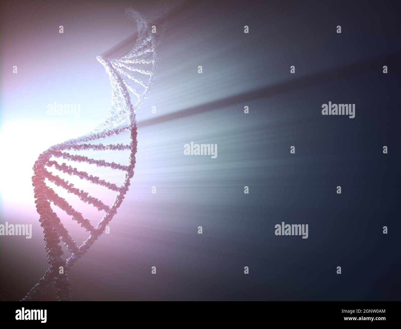 3D-Darstellung des DNA-Moleküls mit Schatten und Lichtstrahlen. Stockfoto