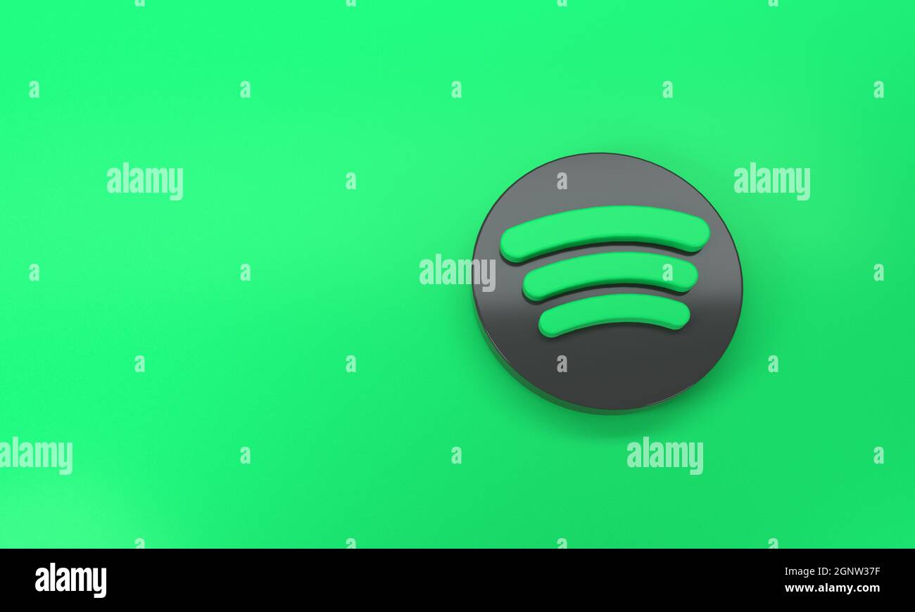Spotify-Logo mit Platz für Text und Grafiken auf grünem Hintergrund. Draufsicht. 3d-Rendering. Stockfoto