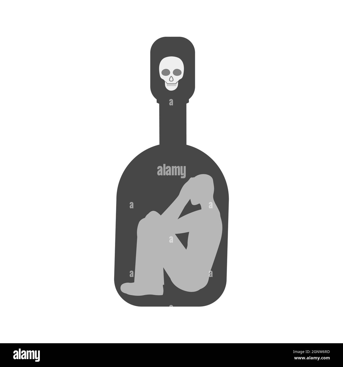 Ein Mann, der in einer Flasche Alkohol gefangen ist. Propaganda der Trunkenheit. Vektorgrafik Stock Vektor