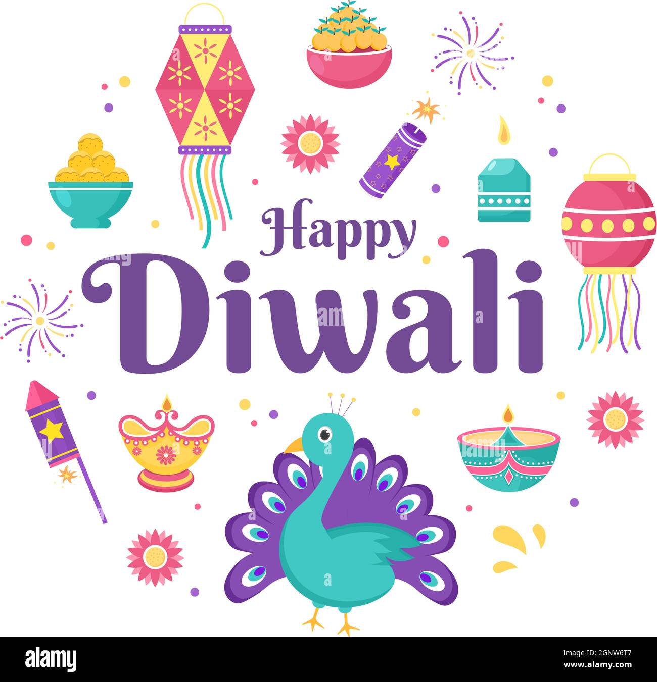 Happy Diwali Hindu Festival Hintergrund Vektor Illustration mit Laternen, Beleuchtung Feuerwerk, Pfau und Mandala oder Rangoli Kunst für Poster, Gruß Stock Vektor