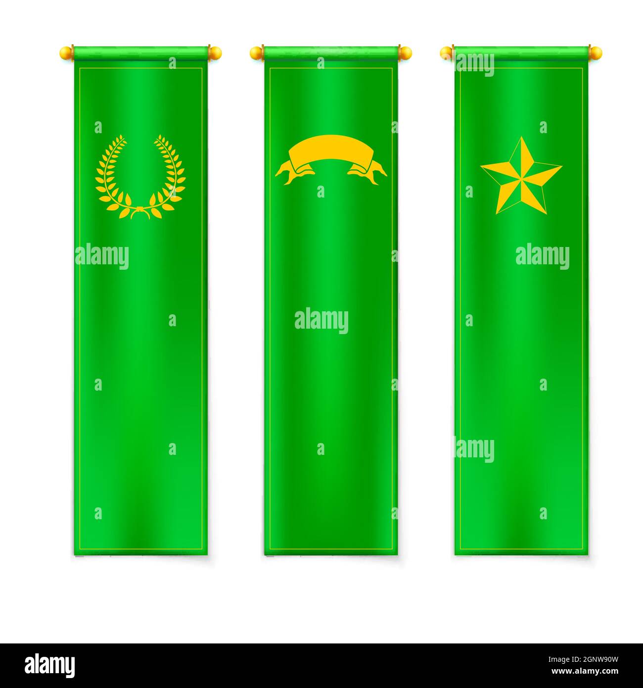 Grüne vertikale Flaggen mit Emblemen isoliert auf weißem Hintergrund. Stock Vektor