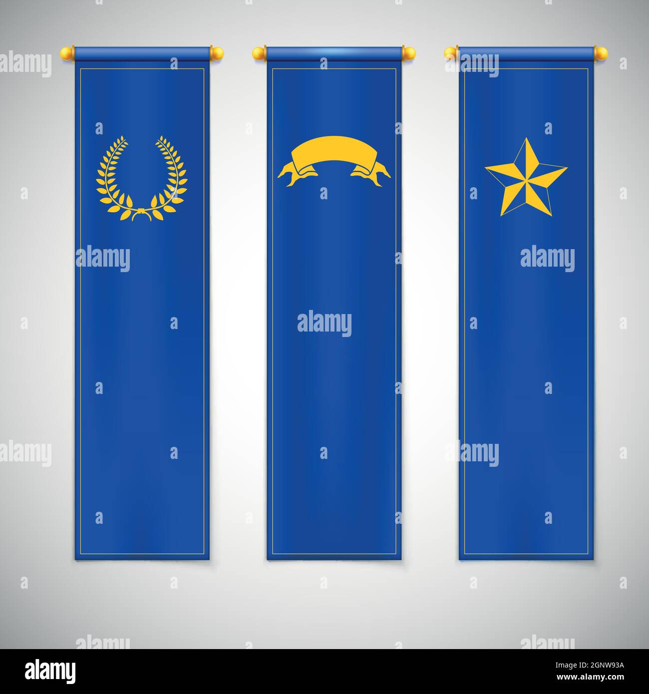 Vertikale blaue Flaggen mit Emblemen. Stock Vektor
