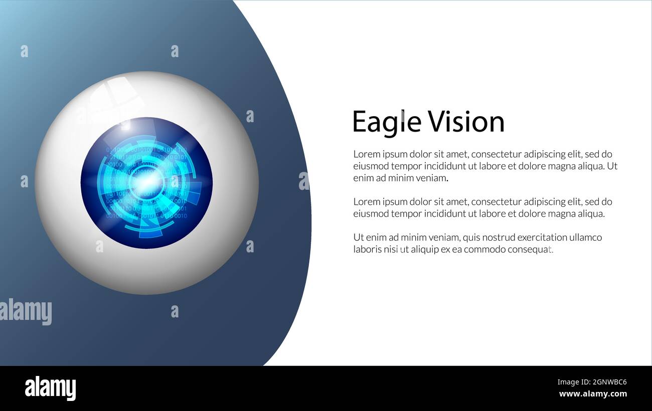 Digitales „Eye on“-Banner für Websites für Augenkliniken oder Überwachungssysteme. Zahlen mit Kreisen in blauer Pupille. Vektorgrafik. Stock Vektor