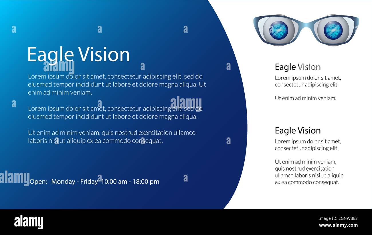 Banner für den Ort der Sehbehandlung mit digitalen Augen und Brille auf blauem Hintergrund. Vektorgrafik. Stock Vektor