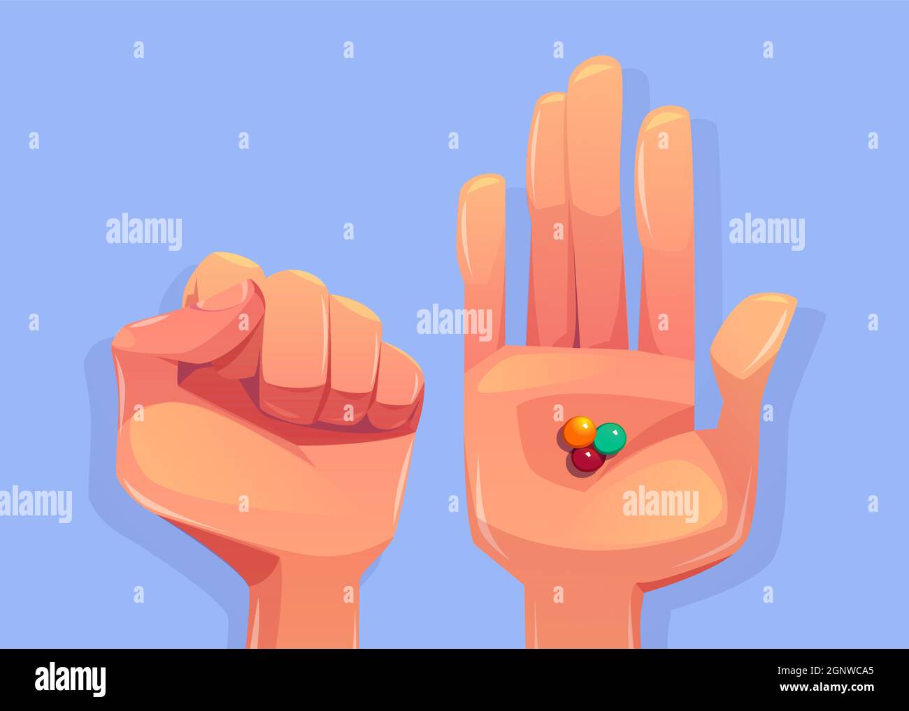 Erraten Sie, welche Hand Spiel mit geschlossenen und offenen menschlichen Handflächen und bunten Süßigkeiten oder Kaugummi Draufsicht. Wählen Sie die richtige Handfläche Herausforderung, gewinnen und Erfolg in Kinder Rätsel, Überraschung, Cartoon-Vektor-Illustration Stock Vektor