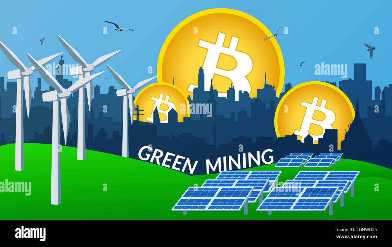 Konzept der Verwendung von grüner Energie zum Schutz der Umwelt beim Abbau  von Bitcoin. Windmühlen und Sonnenkollektoren stehen auf dem grünen Gras,  um elektrische Energie zu erzeugen Stock-Vektorgrafik - Alamy