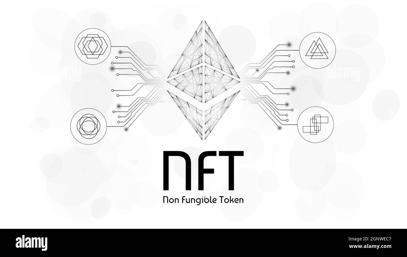 NFT-Infografiken für nicht fungible Token mit leiterplattenspuren und verschiedenen Token auf weißem Hintergrund. Zahlen Sie für einzigartige Sammlerstücke in Spielen oder Kunst. Vektor krank Stock Vektor