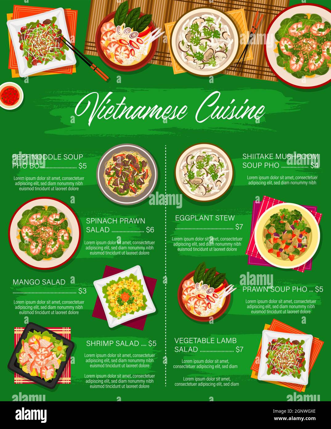 Vietnamesische Küche Vektor-Menü-Vorlage Gemüselammsalat, Rindfleischnudelsuppe Pho bo und Spinat-Garnelensalat. Auberginen-Eintopf, Garnelen- und Mangosalate und Shiitake-Pilzsuppe, Pho-Mahlzeiten aus Vietnam Stock Vektor