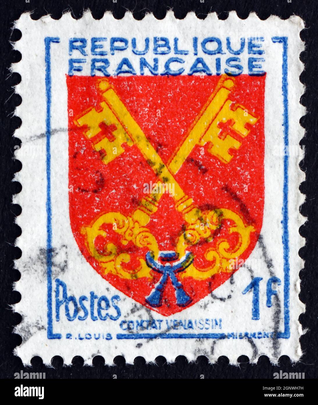 FRANKREICH - UM 1955: Eine in Frankreich gedruckte Briefmarke zeigt Wappen von Comtat Venaissin, um 1955 Stockfoto