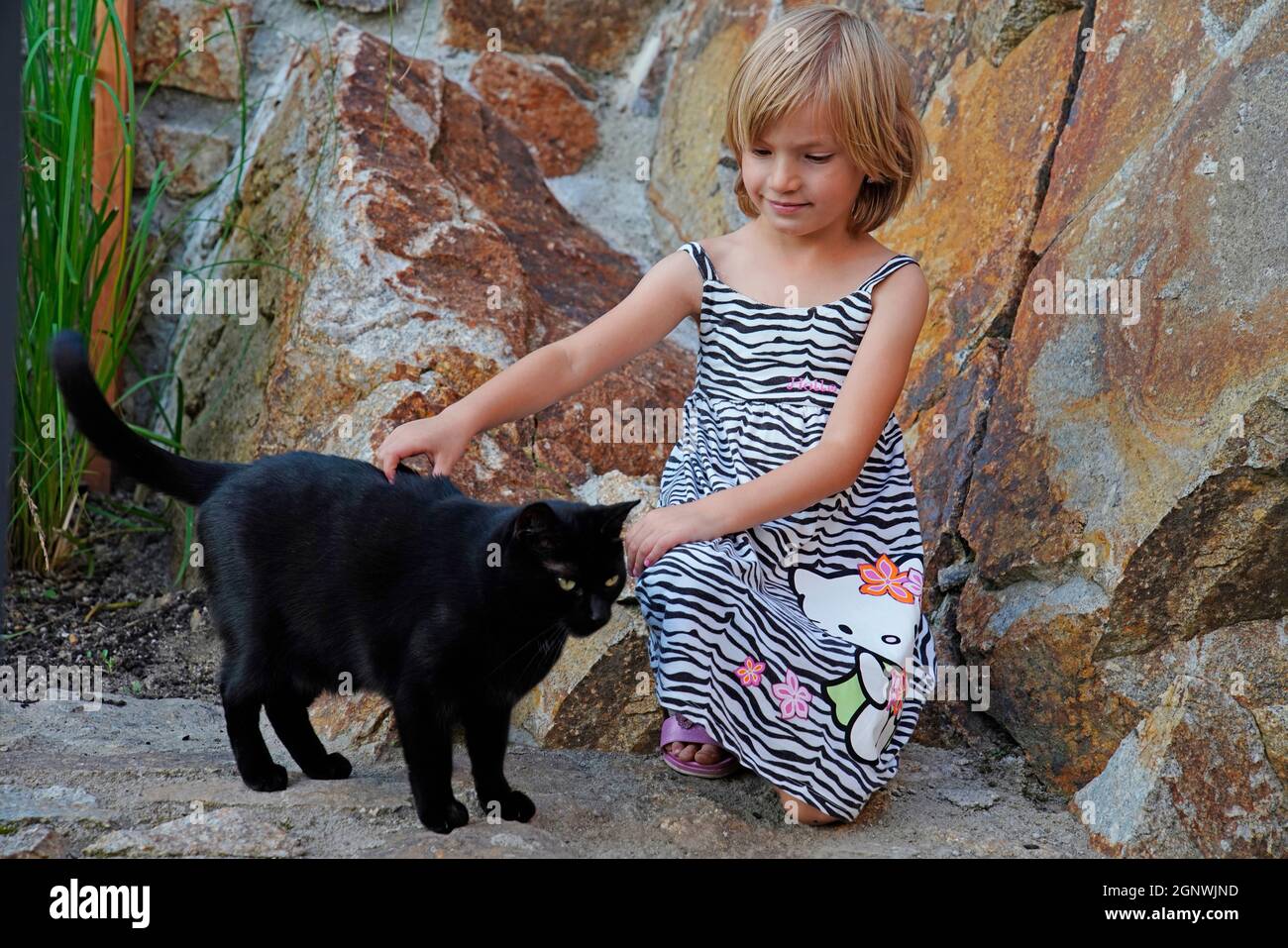 Porträt eines kleinen Mädchens (6 Jahre alt) mit Katze, Karlsbad, Tschechische Republik, Stockfoto