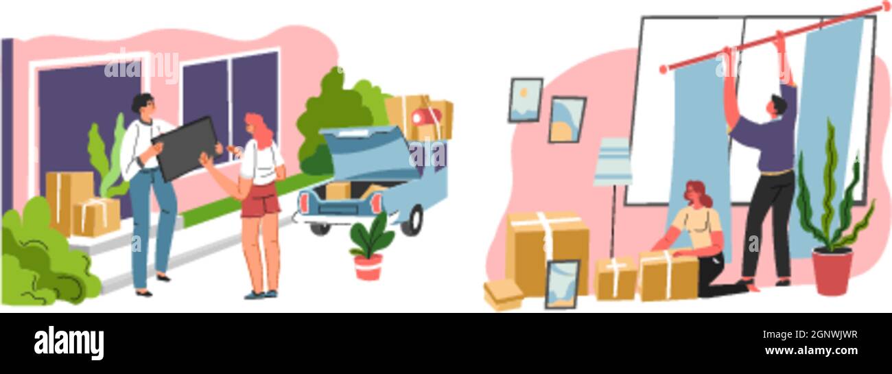 Paar Umzug Möbel und Platzierung zu einem neuen Zuhause Stock Vektor