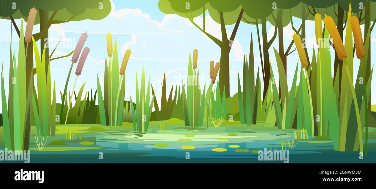 Sommer sumpfige Landschaft. Flacher Style. Ufer eines ruhigen Flusses oder Sees. Wilder bewachsener Teich vor dem Hintergrund von Bäumen und Sträuchern. Wolkiger Himmel. Seerose Stock Vektor