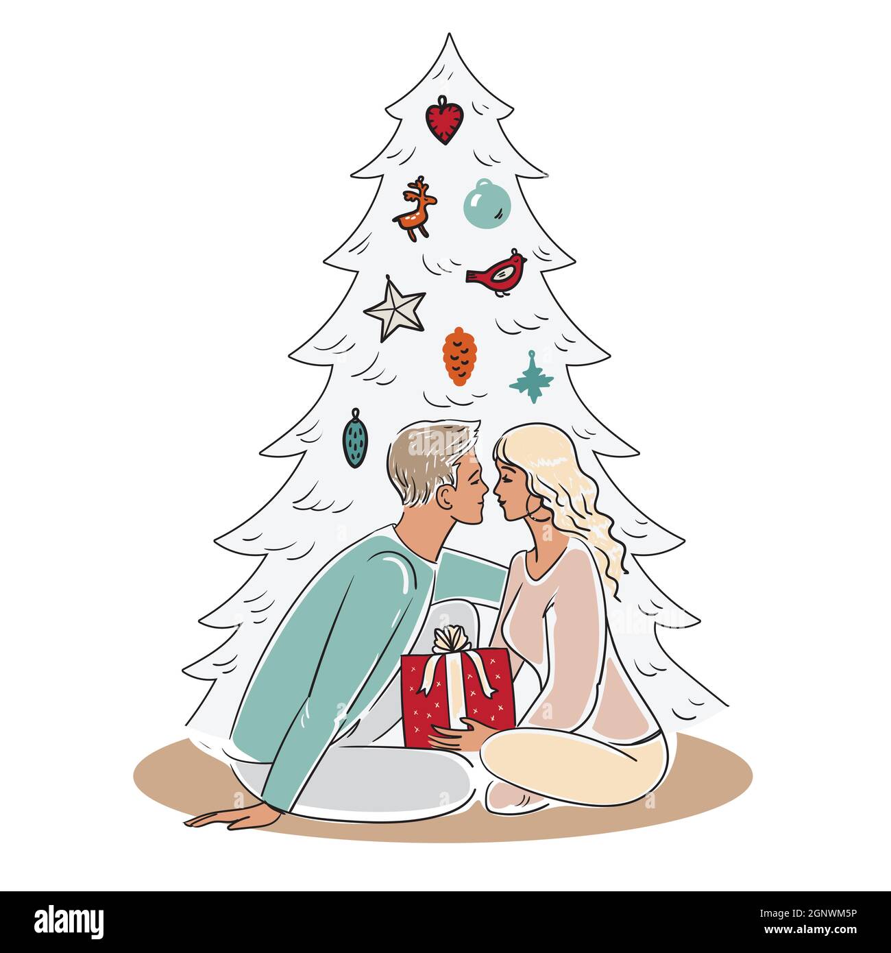 Handzeichnung Weihnachten Illustration. Ein Paar schenkt sich am Weihnachtsbaum gegenseitig Geschenke. Mann und Frau in Liebe. Vektorgrafik für Rohware isoliert Stock Vektor