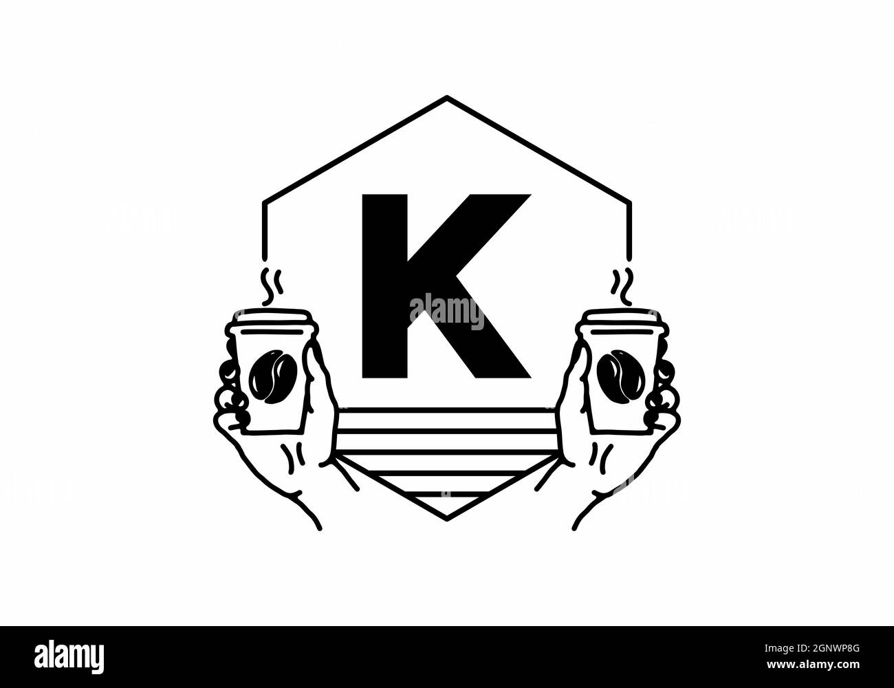 Hand hält eine Kaffeetasse Linie Kunst mit K Anfangsbuchstaben Design Stock Vektor