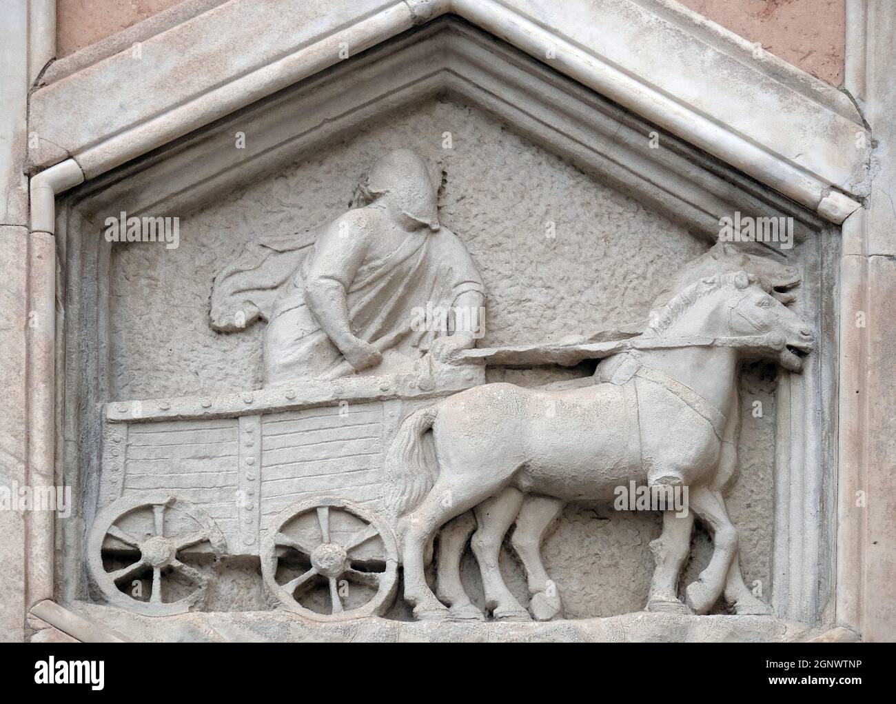Allegorie auf die Kunst des Theaters aus der Werkstatt von Andrea Pisano, Relief auf Giotto Campanile der Kathedrale Santa Maria del Fiore (Kathedrale von Sai Stockfoto