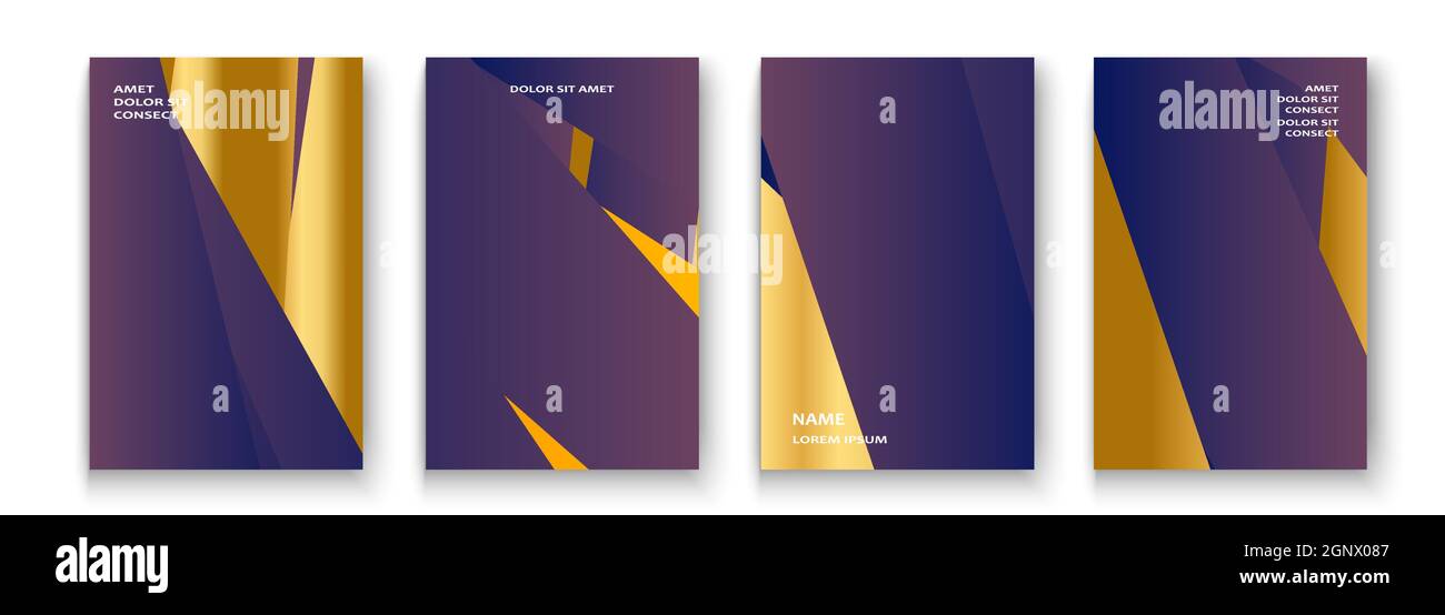 Luxuriöses und reichhaltiges Cover Vektor-Illustration-Set, goldene Folie und goldene Linien. Lila gelbe abstrakte Hintergrund Vorlage Einladung. Geometrische Formen trendige Muster für Design-Präsentation, Druck, Web Stock Vektor