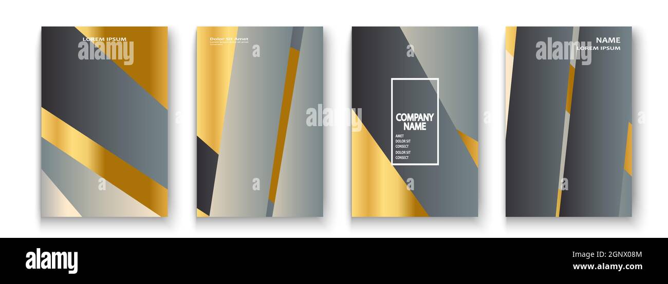 Luxuriöses und reichhaltiges Cover Vektor-Illustration-Set, goldene Folie und goldene Linien. Grau gelbe abstrakte Hintergrund Vorlage Einladung. Geometrische Formen trendige Muster für Design-Präsentation, Druck, Web Stock Vektor