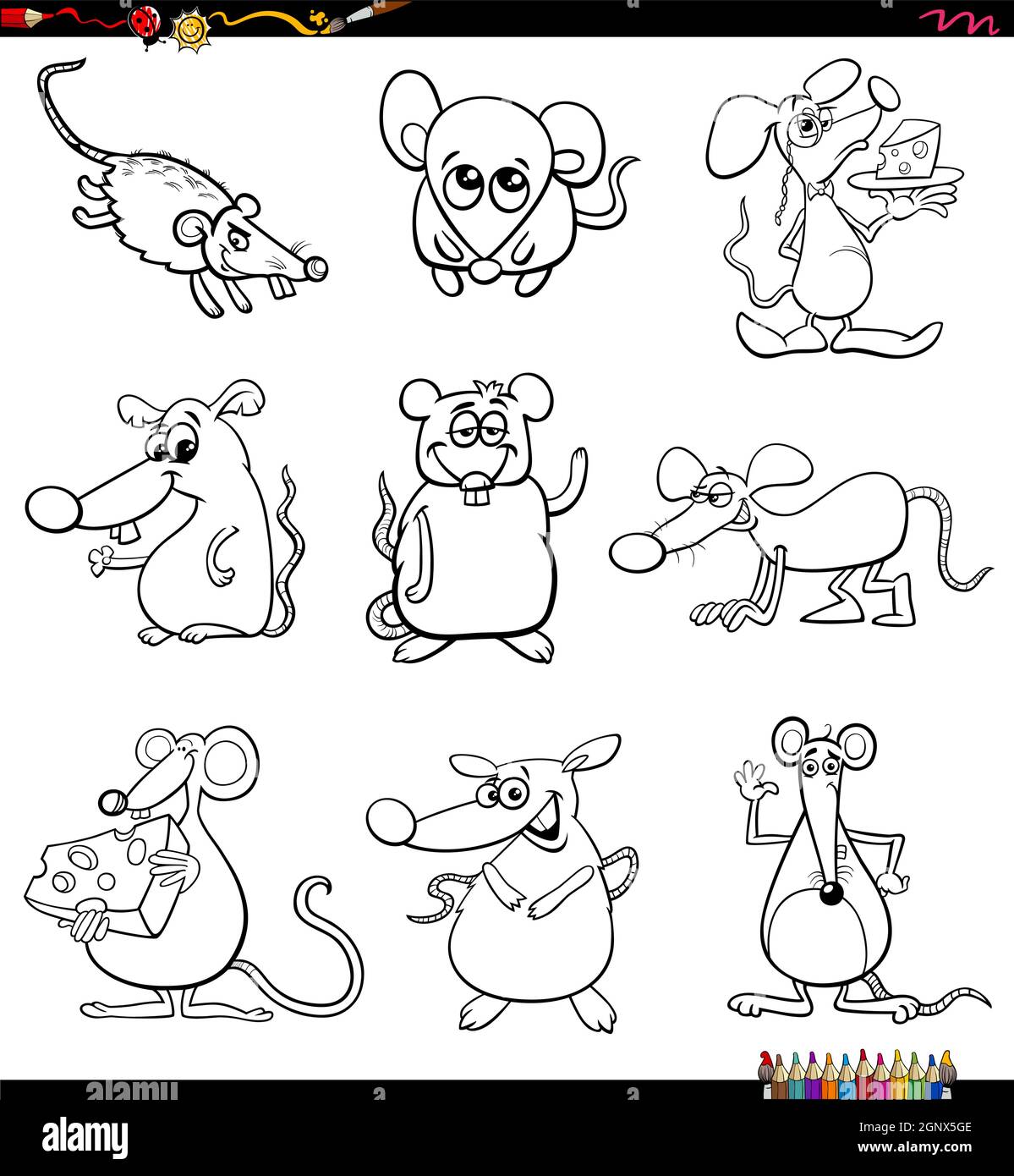 Cartoon Mäuse Comic Tierfiguren Set Malbuch Seite Stock Vektor