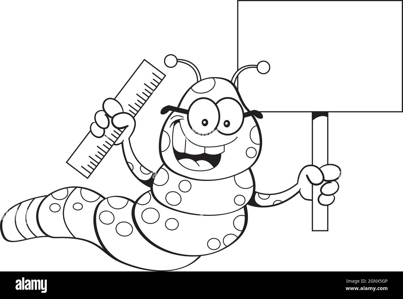 Schwarz-weiße Illustration eines Inchworms mit Bleistift und Lineal. Stock Vektor