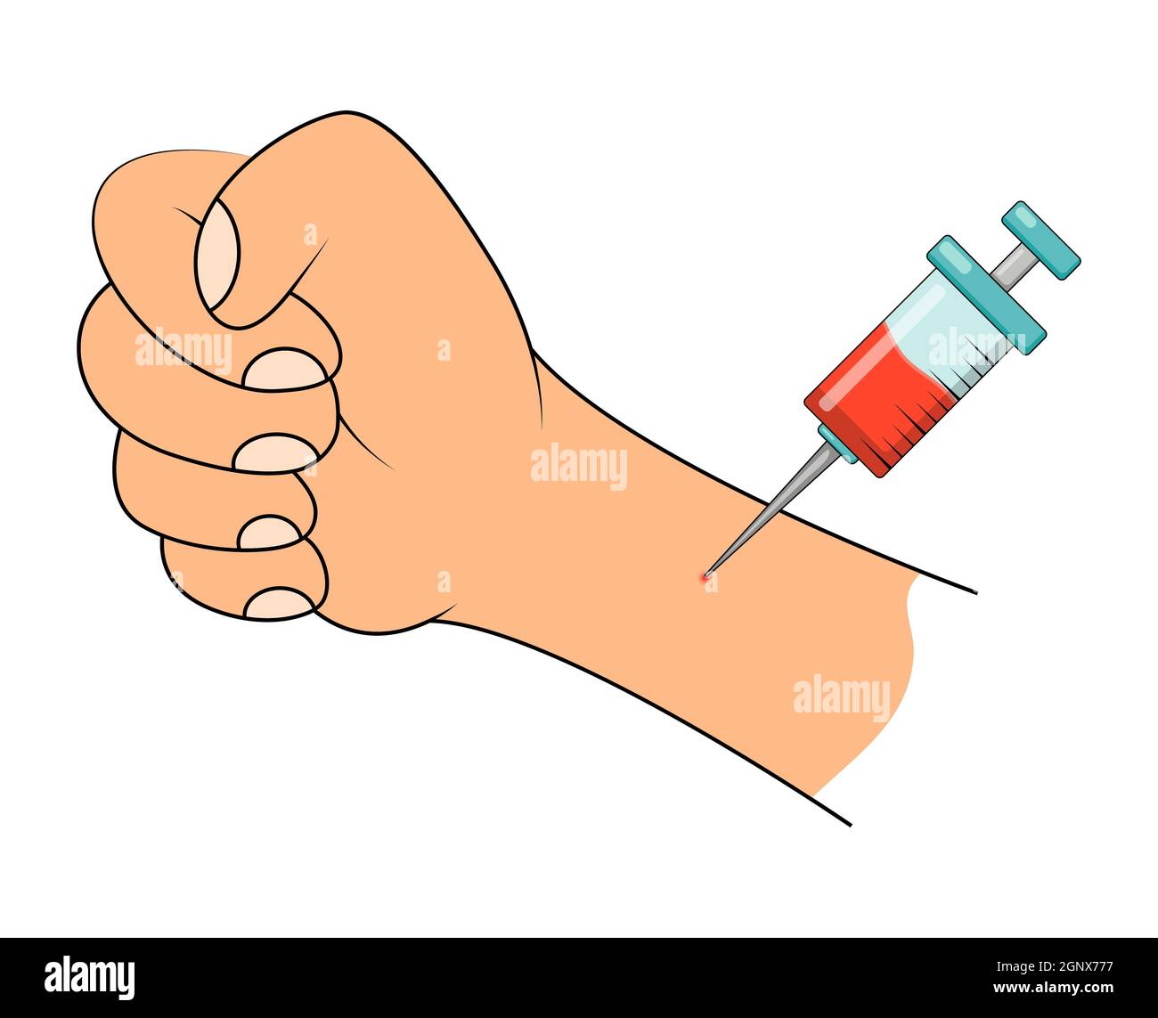Impfung des Patienten. Injektion in die Hand geben. Impfstoff gegen Covid-19 und Corona-Virus-Cartoon-Symbol. Vektordarstellung auf weißem Hintergrund isoliert. Stock Vektor