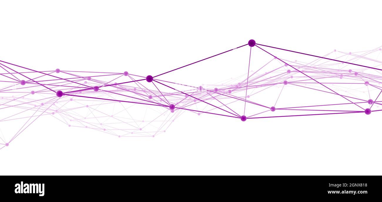 Netzwerk-Drahtmodell mit verbundenen violetten Linien und Punkten vor weißem Hintergrund Stockfoto