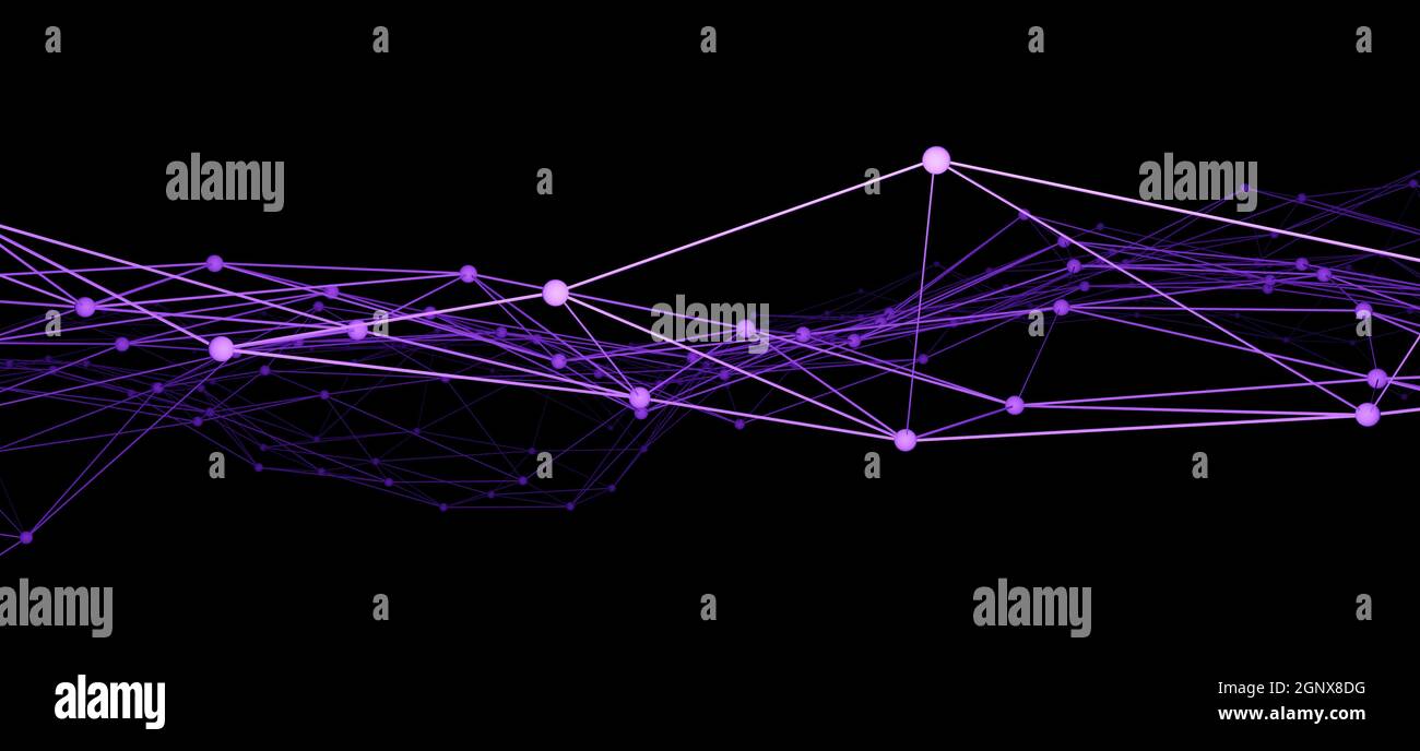 Netzwerk-Drahtmodell mit verbundenen violetten Linien und Punkten vor schwarzem Hintergrund Stockfoto
