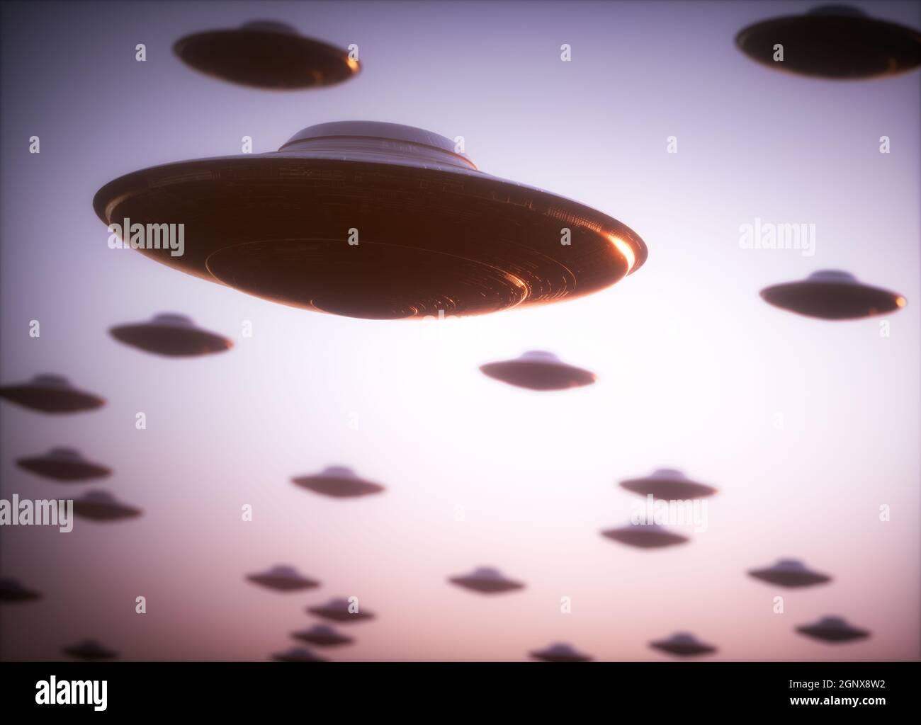 Nicht identifizierter Angriff auf fliegende Objekte. 3D-Illustration von mehreren außerirdischen Raumschiffen eindringenden Planeten Erde. Stockfoto