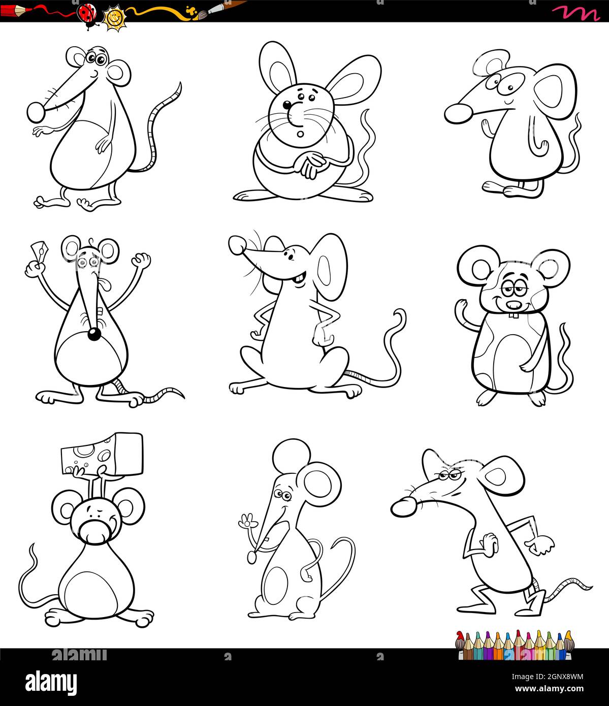 Cartoon Mäuse Tierfiguren setzen Malbuch Seite Stock Vektor