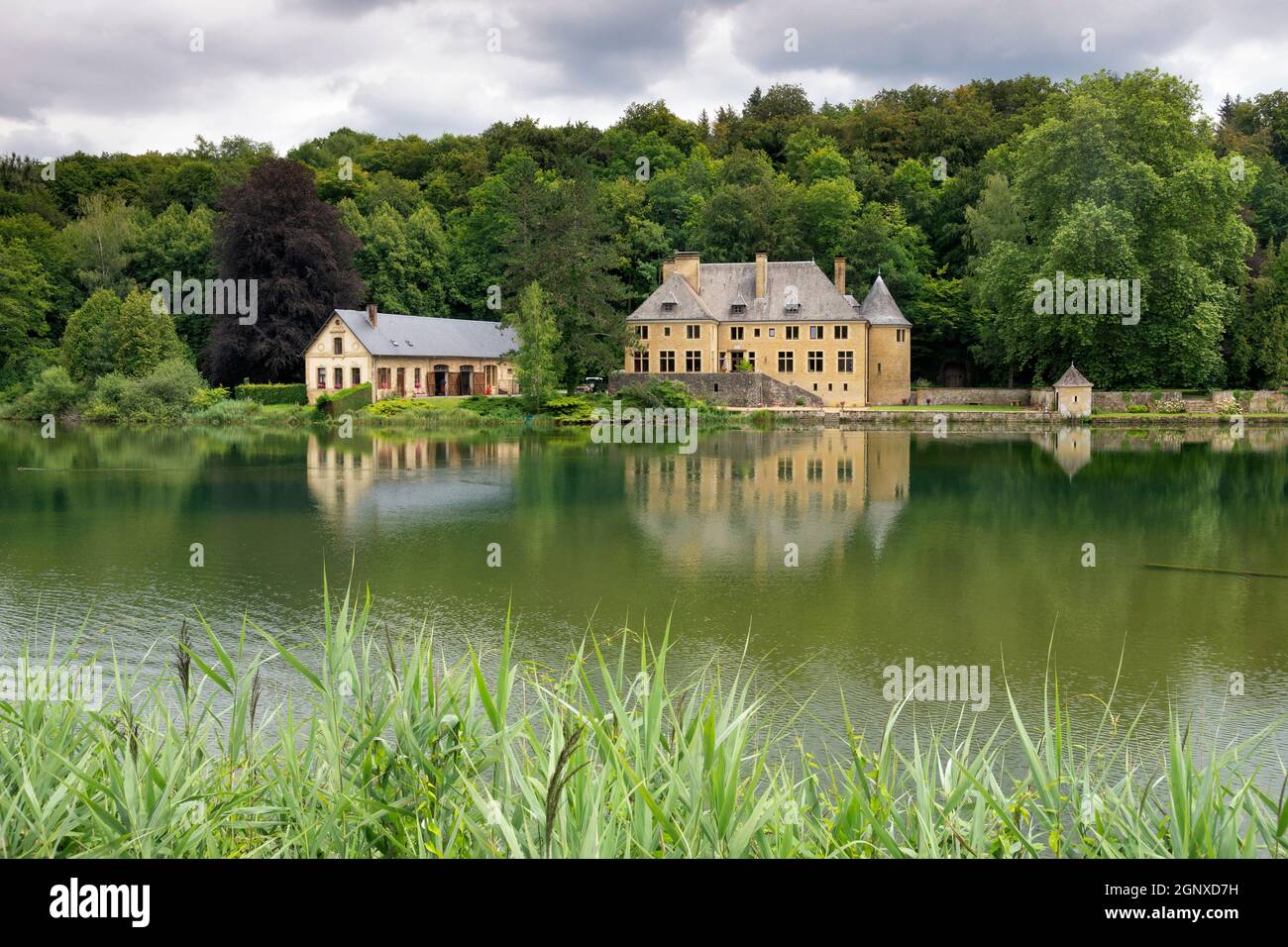 Blick über einen See in der Nähe von Orval Abbey in der Nähe der Belgina Dorf Florenville mit einem monumentalen Gebäude im Hintergrund Stockfoto