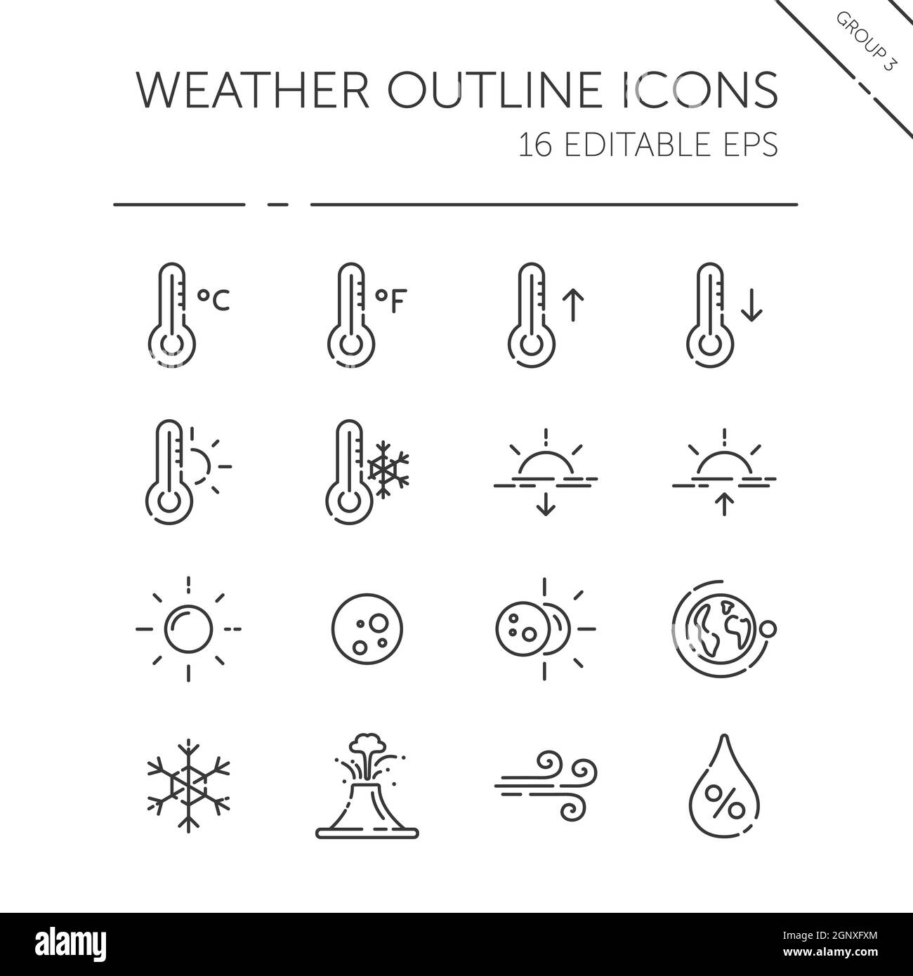 Wettersymbol und Symbol für Meteorologie mit dünnen Linien. Temperatur, Luftfeuchtigkeit und natürliches Phänomen. Vektordarstellung Stock Vektor