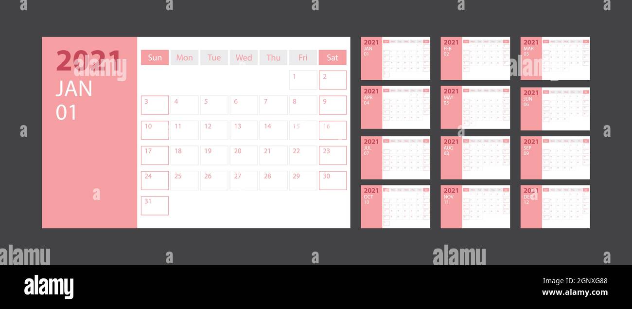 Kalender 2021 Woche Start Sonntag Corporate Design Planer Vorlage mit rosa Thema Stock Vektor