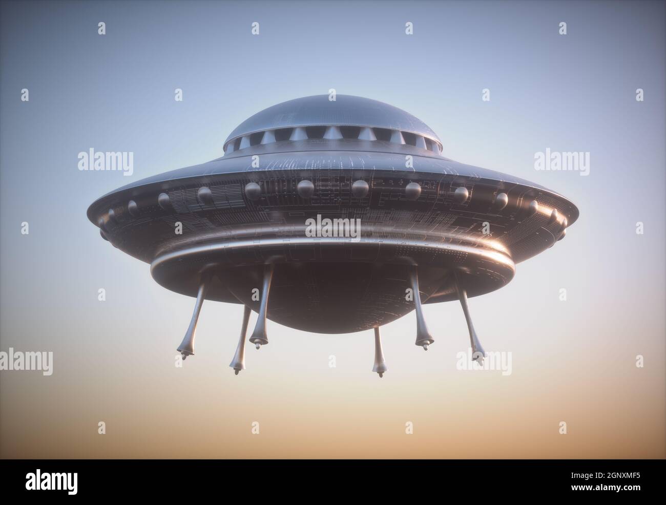 Nicht identifiziertes fliegendes Objekt - UFO. Beschneidungspfad enthalten. Stockfoto