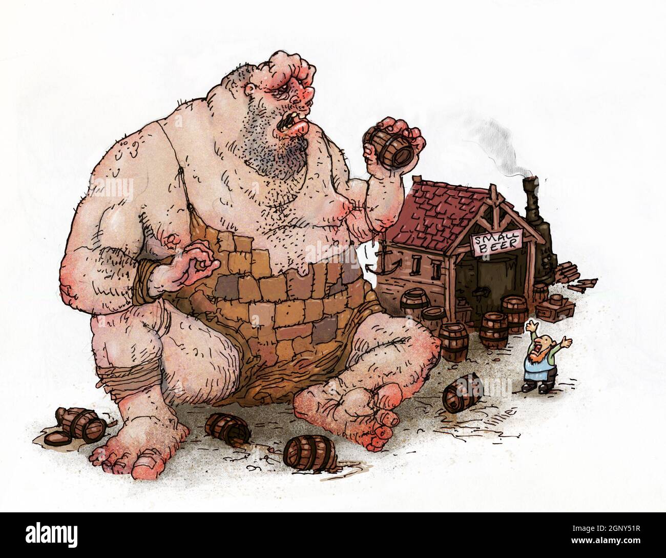 Kunstdarstellung eines betrunkenen Riesen, der Bier aus einer Brauerei raubt, während ein Brauer wütend auf ihn schaut. Fantasy-Fiktion, Mythos, Legende, Rollenspiele, D&D, Folklore Stockfoto