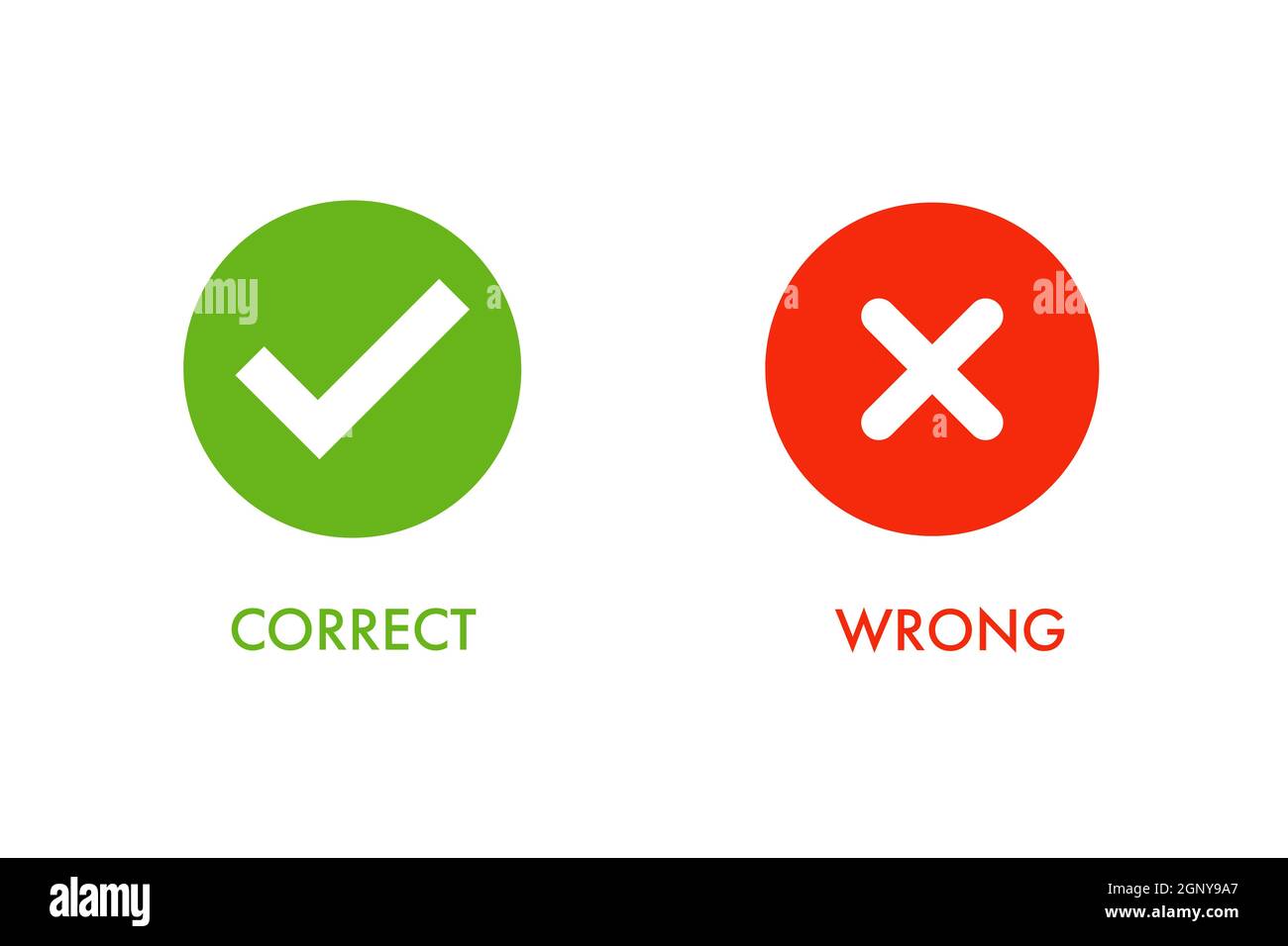 Grünes Häkchen-Symbol und rotes Kreuz im Kreis. Symbole für Test-Quiz. Richtiges und falsches Symbol. Stockfoto