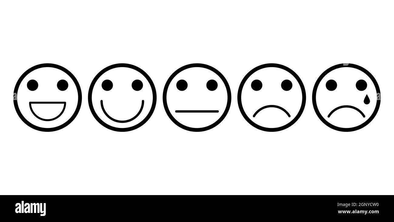 Stimmungsgrad mit Emoji-Gesichtskontur eingestellt. Strichart mit Konturausdruck von positiv zu negativ. Basismesser für die Zufriedenheit des Kreises. Vektordarstellung auf weißem Hintergrund isoliert. Stock Vektor