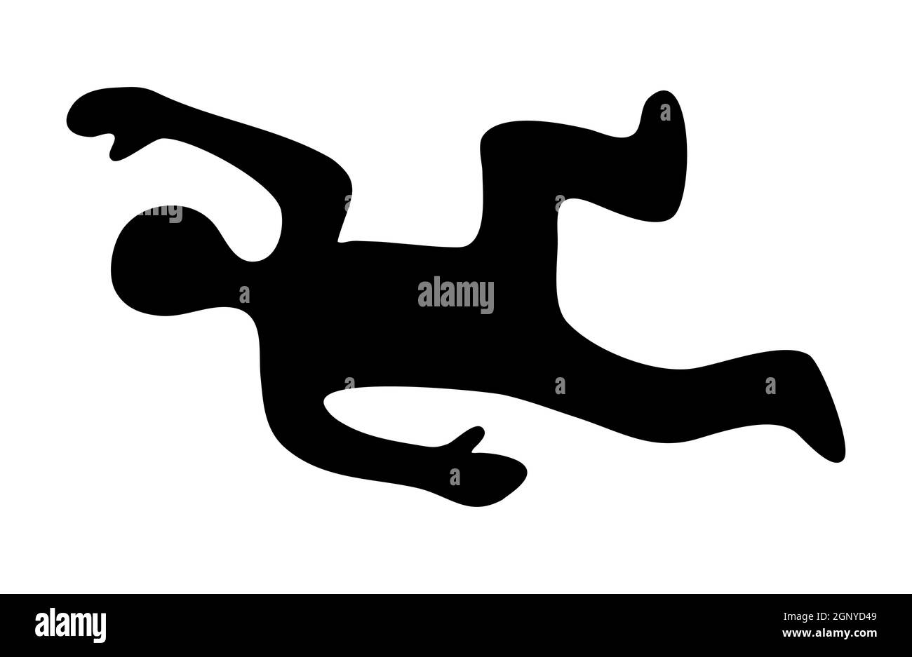 „Dead Body on Crime Scene“-Silhouette-Symbol. Schwarze Form von menschlichem Unfall oder Mordopfer. Vektorgrafik in flachem Stil isoliert auf weißem Hintergrund. Stock Vektor