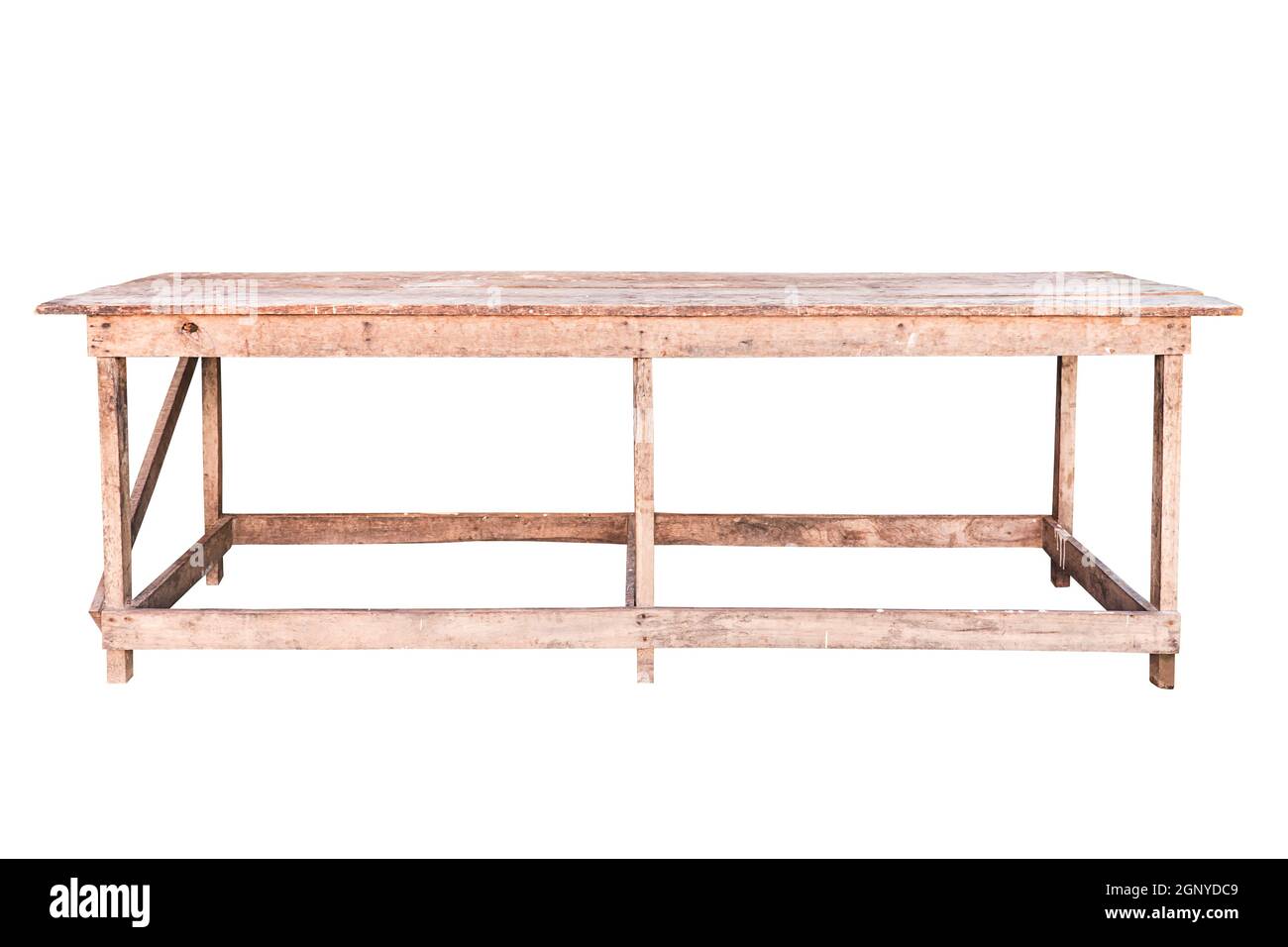 Alte simplistische Holztisch auf weißem Hintergrund, Arbeit mit Pfad. Stockfoto