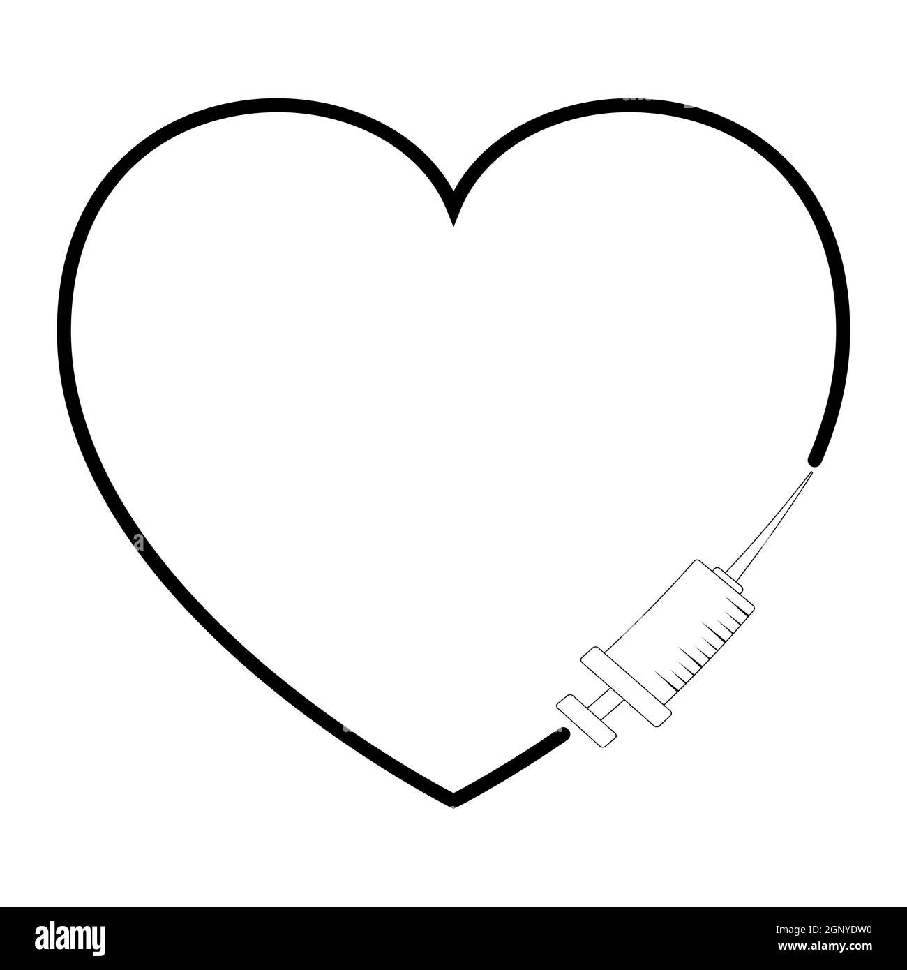 Symbol für Herz- und Impfstoffumrisse. Symbol der medizinischen Spritze in der Kontur der Herzform. Konzept der Impfung. Medizinisches Vektordesign auf weißem Hintergrund isoliert. Stock Vektor