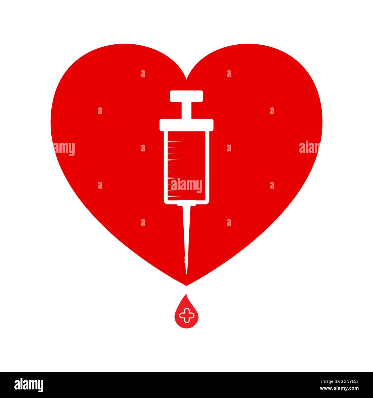 Herz und Spritze mit Impfstofftropfen. Symbol der Impfung gegen covid-19 oder Blutspende. Vektorsymbol auf weißem Hintergrund isoliert. Stock Vektor