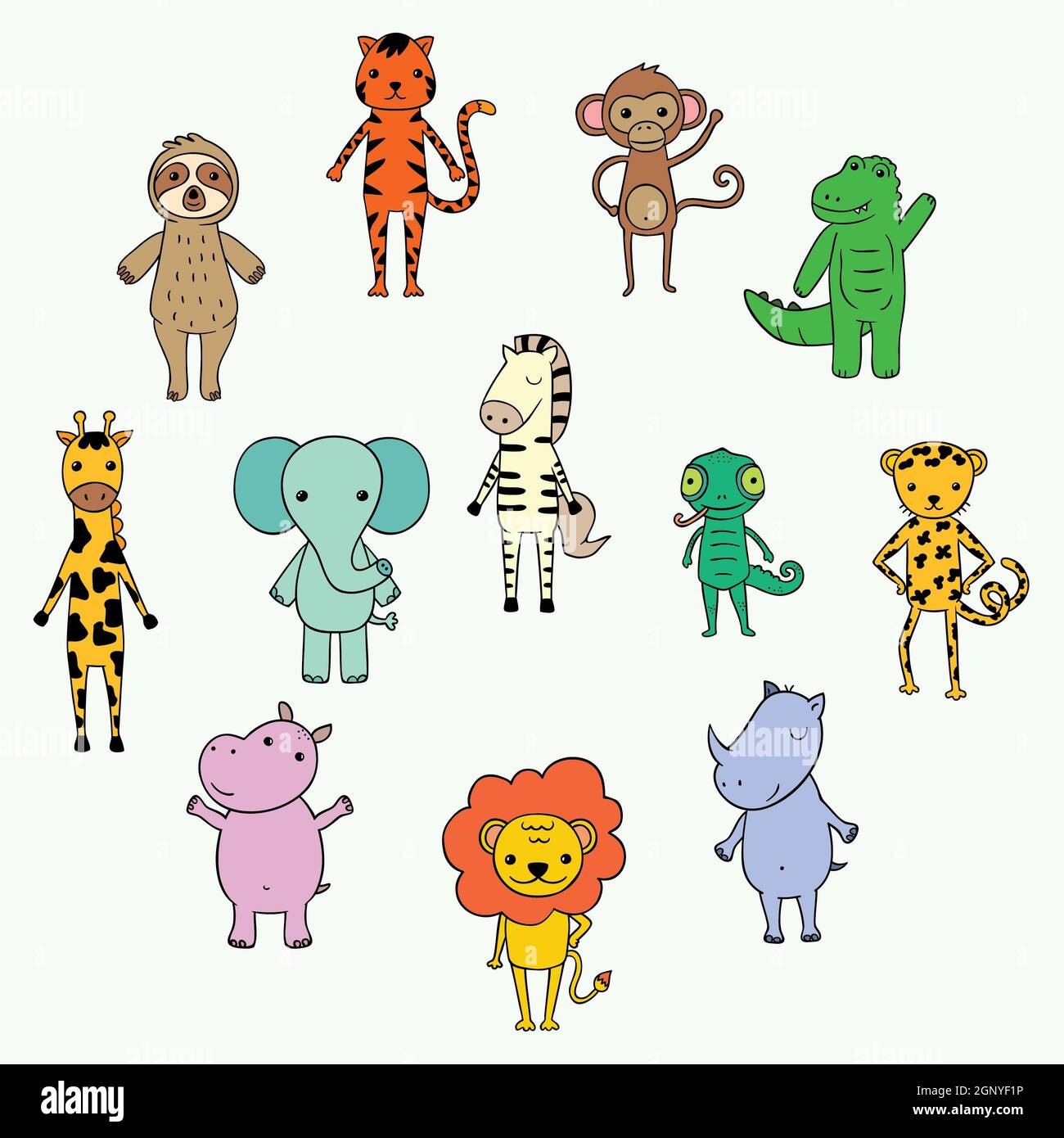 Niedliche Dschungel- und Safari-Tiere. Handgezeichnete Cartoon Zoo-Figuren. Elefant, Löwe, Faultier, Affe, Zebra, Giraffe. Farbige Kritzeleien Stockfoto