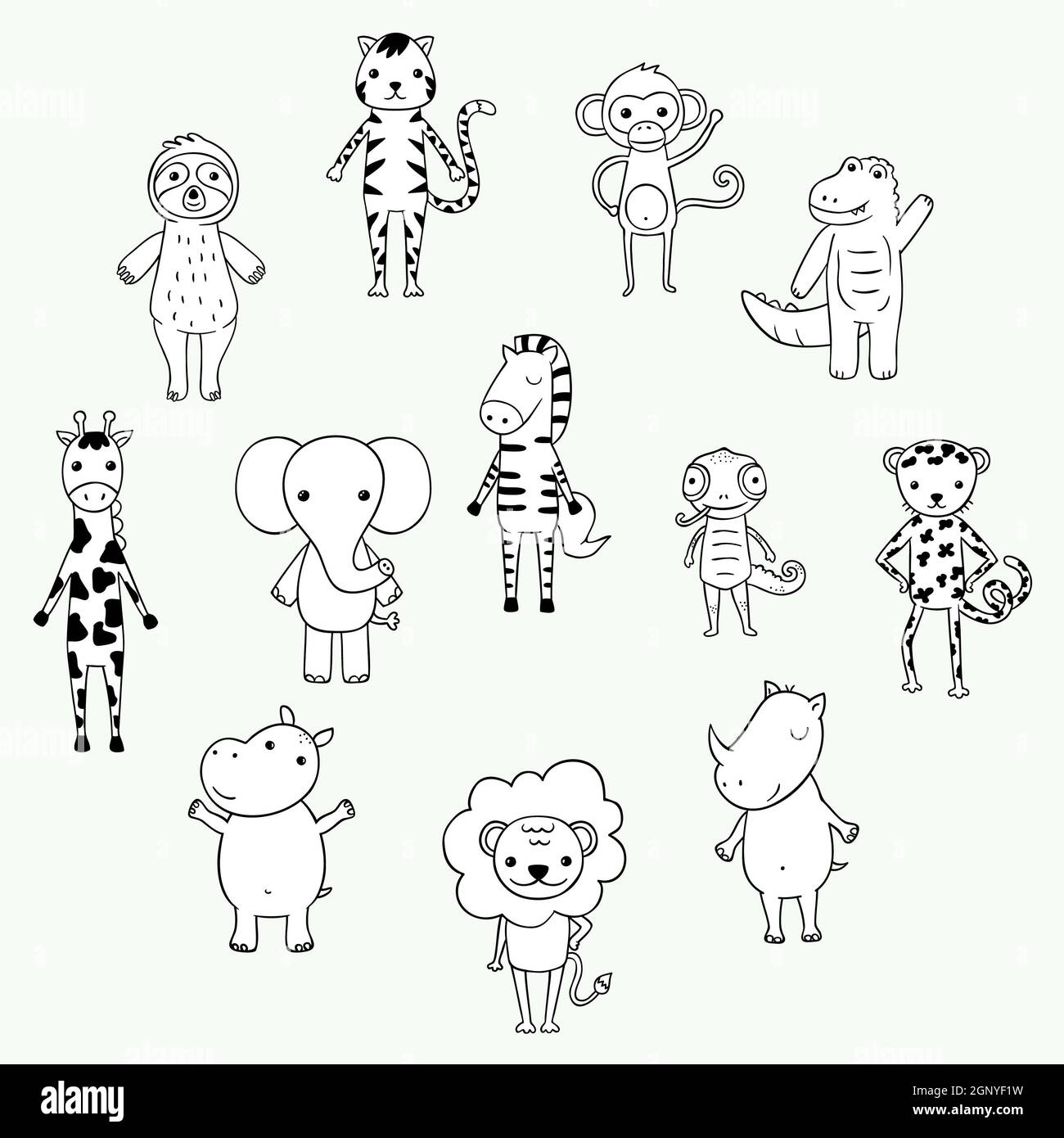 Niedliche Dschungel- und Safari-Tiere. Handgezeichnete Cartoon Zoo-Figuren. Elefant, Löwe, Faultier, Affe, Zebra, Giraffe. Schwarz und Weiß. Stockfoto