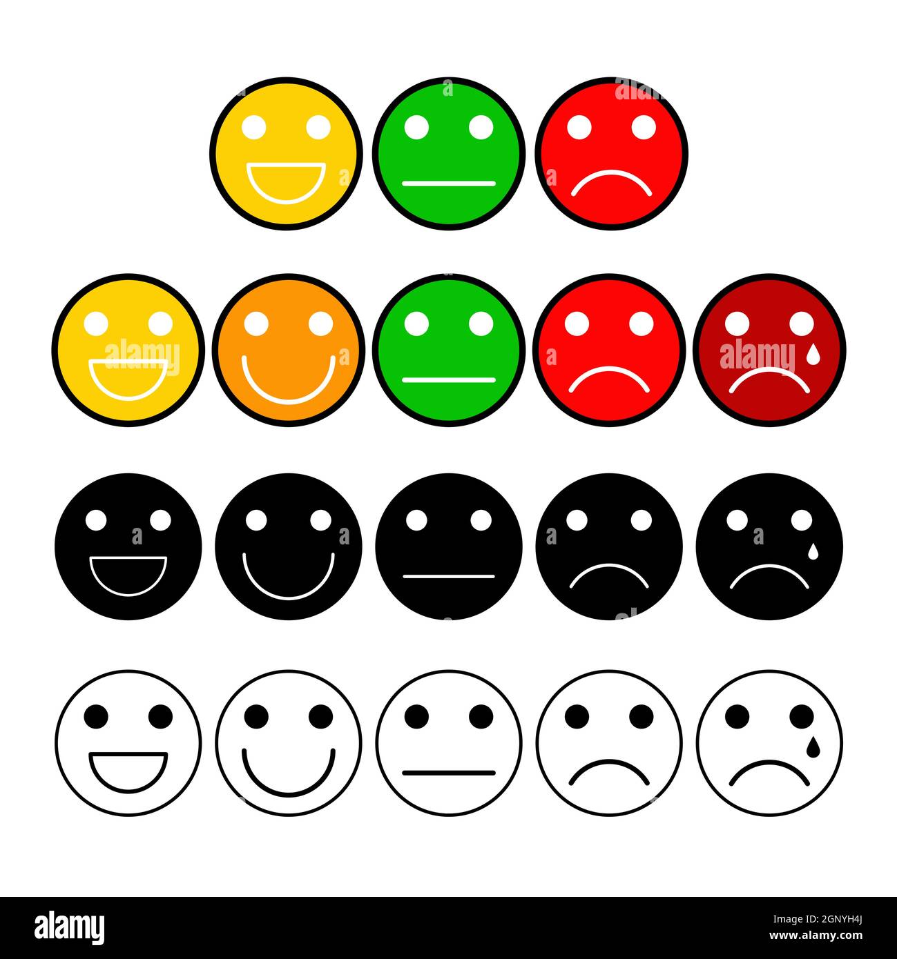 Schaltflächen für die Umfrage zur Kundenmeinung sind gesetzt. Stimmungsgrad mit Emoji-Gesicht. Symbole auf der Skala zur Messung der Kundenzufriedenheit. Vektordarstellung auf weißem Hintergrund isoliert. Stock Vektor