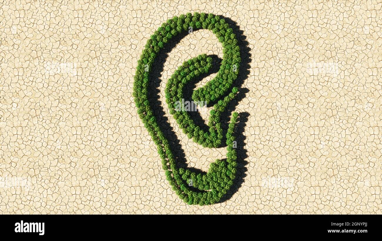Konzept oder konzeptuelle Gruppe von grünen Waldbaum auf trockenem Boden Hintergrund, Zeichen des Ohres. Eine illustration von 3D Metapher für Hörverlust, Tinnitus Stockfoto