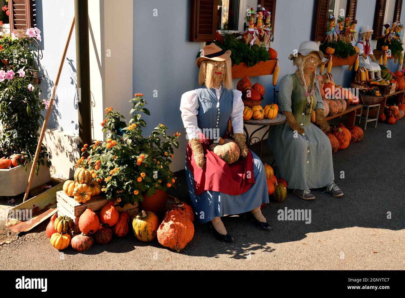 Österreich, Präsentation für einen sogenannten Hofladen aka Hofladen zur Vermarktung eigener Produkte mit lustigen Puppen und Strohfiguren, auf dem so gelegen Stockfoto