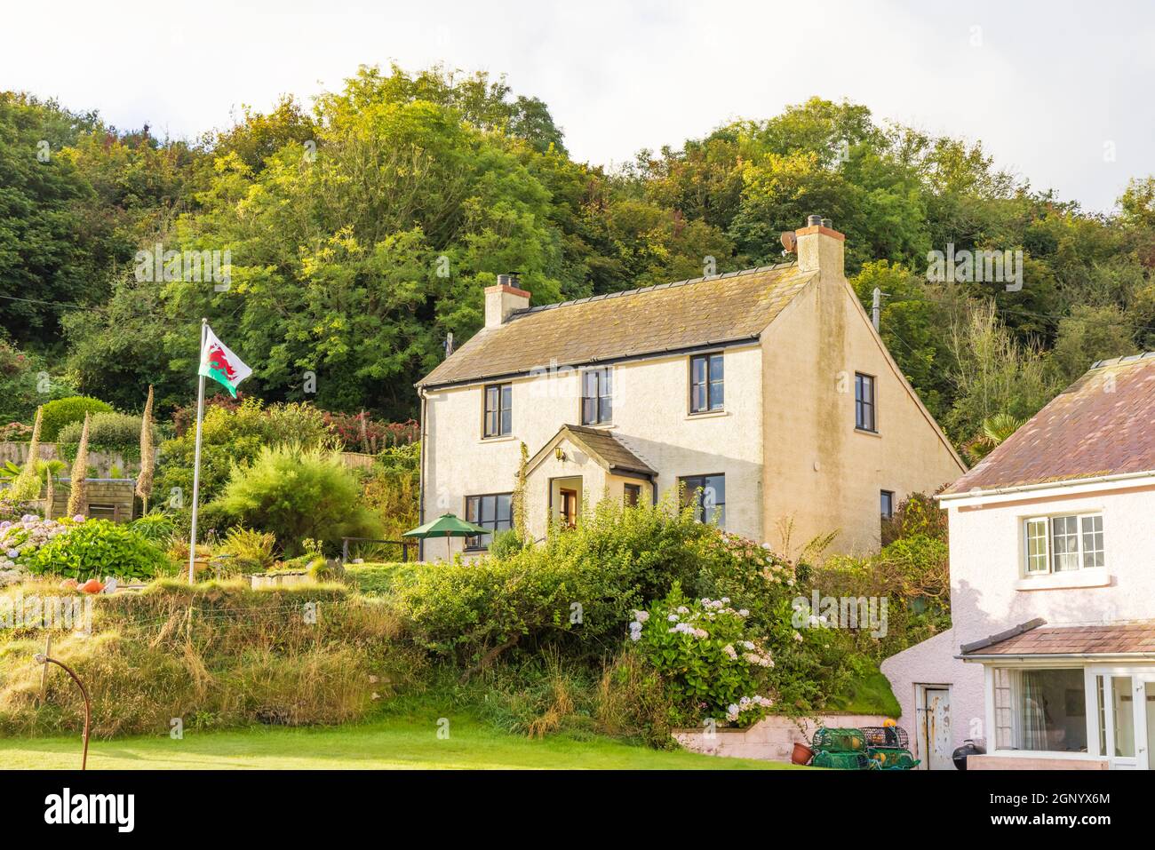 Attraktive walisische Hütte unter walisischer Flagge mit Blick auf die Überreste der St. Brynach's Kirche. Cwm-Yr-Eglwys, Dinas, Pembrokeshire Stockfoto