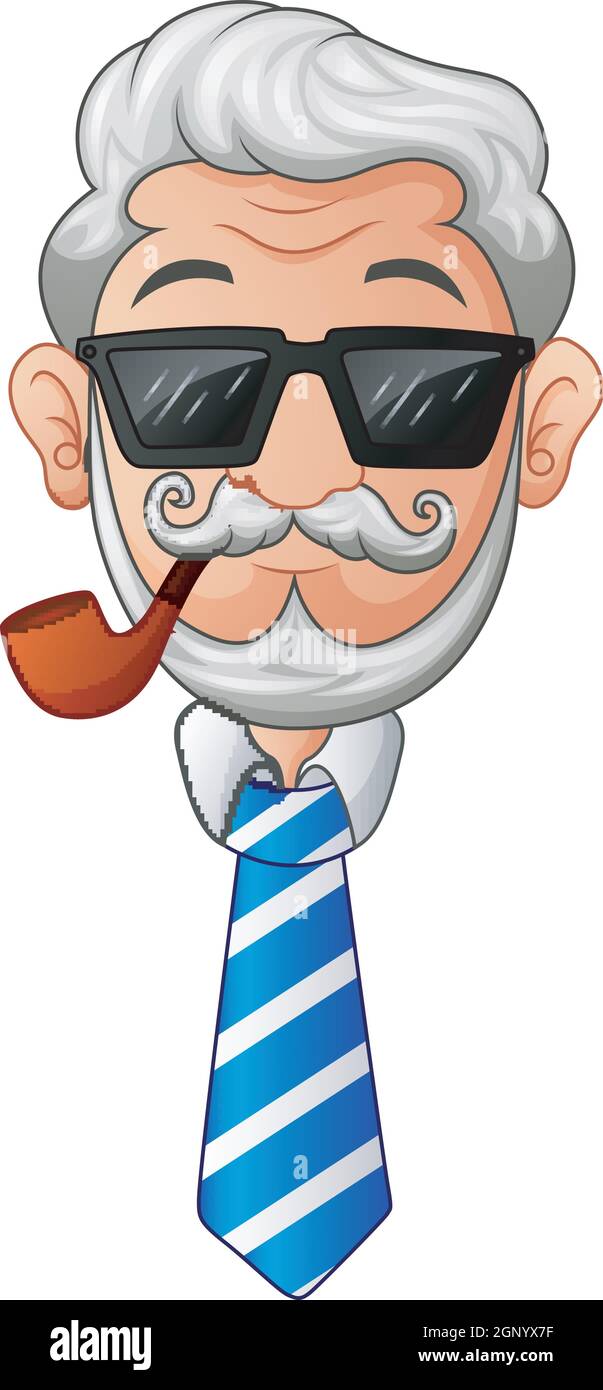 Alter Mann in Krawatte und Brille mit Bart und Schnurrbart und rauchender Pfeife Stock Vektor