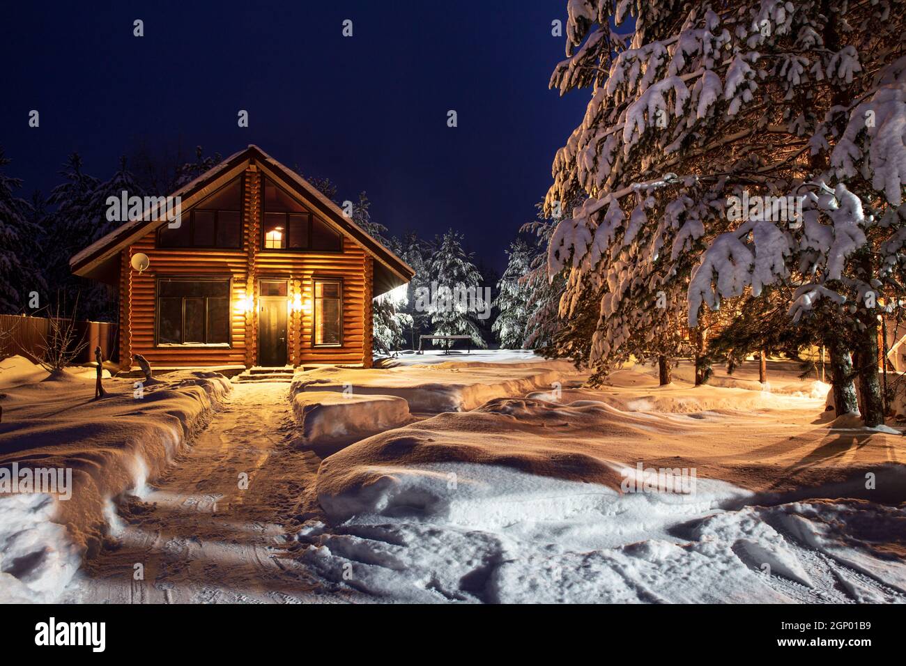 Ein Weg im Innenhof führt zu einem Dorf Blockhaus, schneebedeckte Pinien, eine fabelhafte Winternacht. Ländliche schöne Winterlandschaft. Vermietung Stockfoto