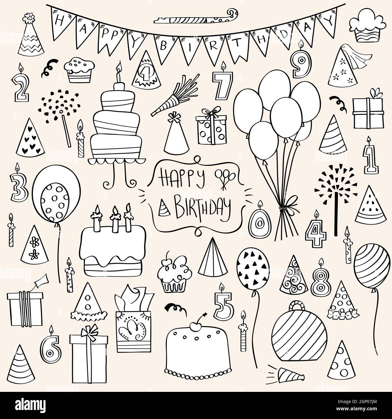 Geburtstagsfeier. Handgezeichnete Kuchen, Kerzen, Ballons, Banner. Schwarz und Weiß. Stockfoto