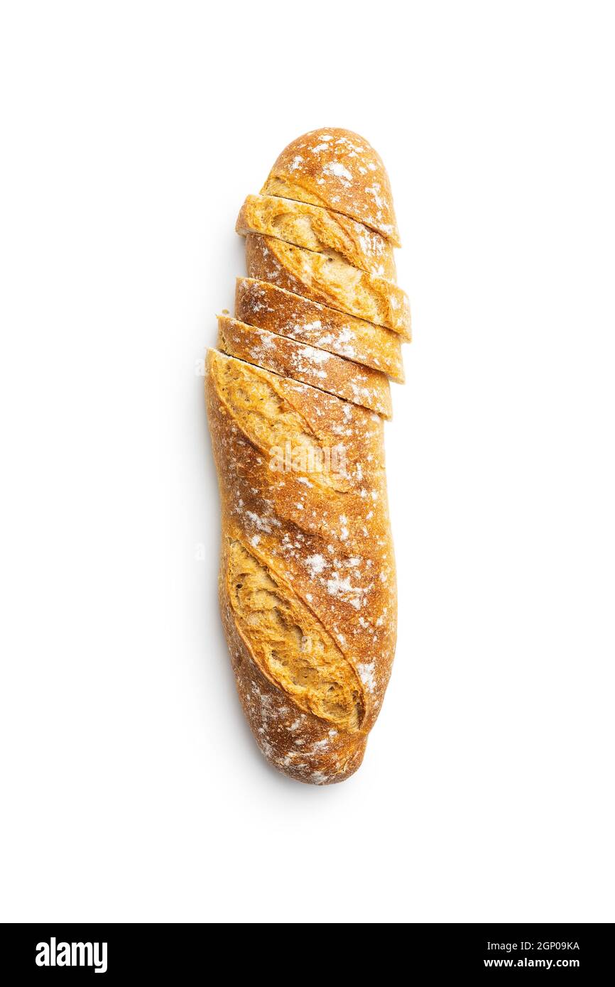 Knusprige frische Baguettes isoliert auf weißem Hintergrund. Stockfoto