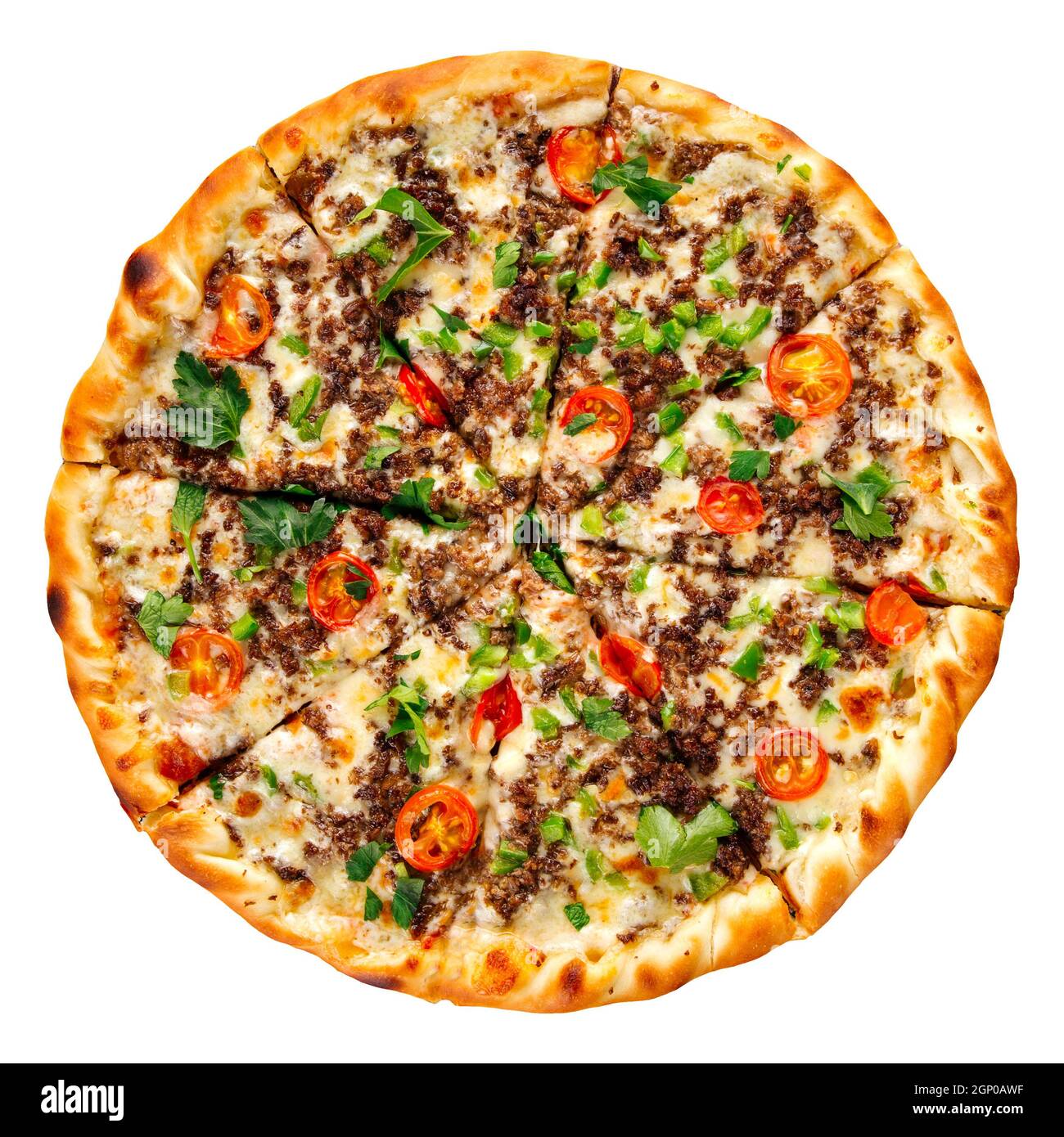 Isolierte Pizza mit Hackfleisch und Tomaten Stockfoto